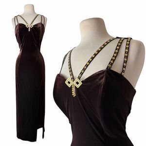 VTG Brown Velvet Maxi Dress Studded Straps 90s Y2K Whimsigoth Slit Gown Prom XL